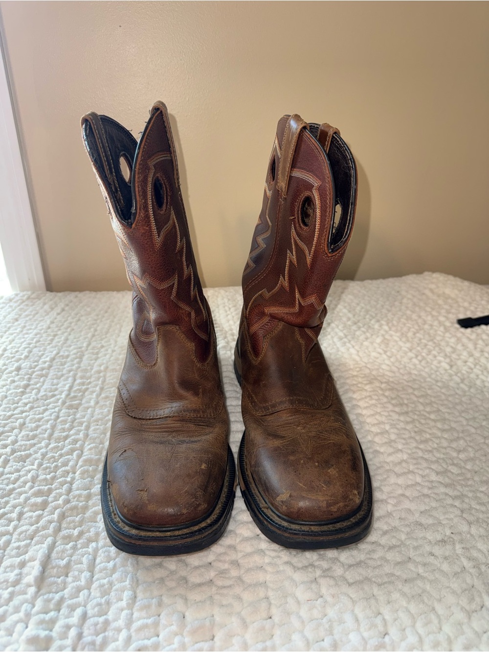 Rocky Brown Pull-On Western Work Boots with Embroidered Shaft